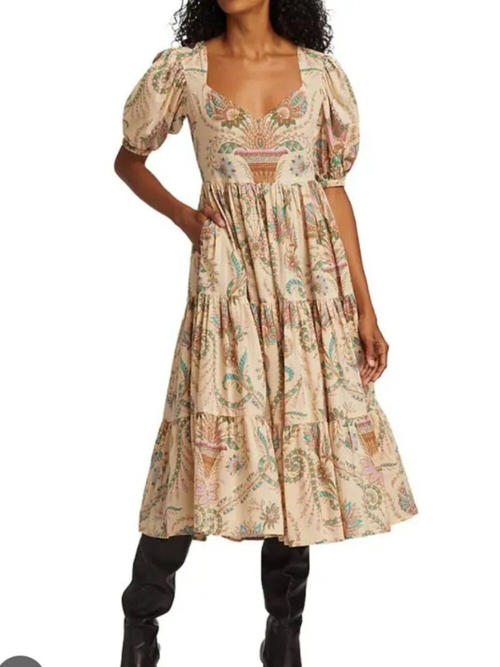 NWT Mille Maja Versailles Print Midi Maxi Dress Puffy Sleeves Tiered Cotton